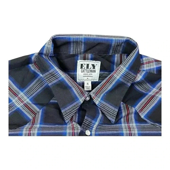 Ely Cattleman Red Blue Western Pearl Snap Plaid SHORT SLEEVE BUTTON UP SHIRT XL - Picture 10 of 10